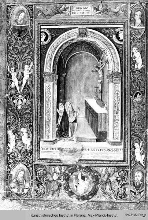 Libro da compagnie laicali: Officia Beatae Mariae Virginis et Defunctorum; Psalmi poenitales et graduales : Zierseite mit breiter Randleistenbordüre, darin Putti, Evangelisten in Medaillons, Miniatur: Extase und Stigmatisation der Katharina v. Siena