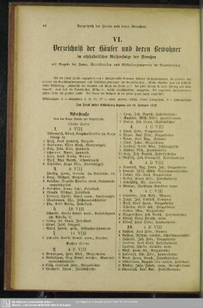 VI. Häuserbuch : VI. Verzeichnis der Häuser und derer Bewohner in alphabetischer Reihenfolge der Straßen