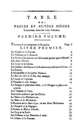 Tables des fables et autres pièces