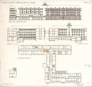 Fischer, Theodor; Bad Kissingen; Kurhaus-Hotel - Grundriss 2. OG, Teilgrundriss, Ansicht, Schnitte