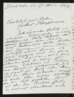 Brief von Sven Anders Hedin an Gerhart Hauptmann