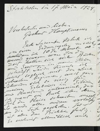 Brief von Sven Anders Hedin an Gerhart Hauptmann