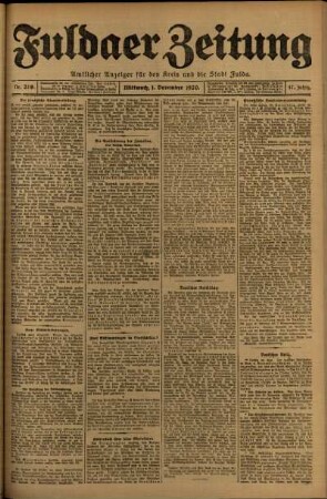 Erste Ausgabe vom Mittwoch, den 01. Dezember 1920.