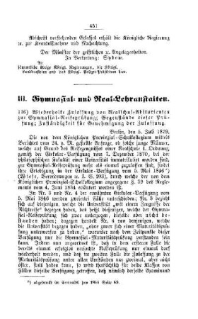 Wiederholte Zulassung von Realschul-Abiturienten zur Gymnasial-Reifeprüfung; Gegenstände dieser Prüfung; Zuständigkeit für Genehmigung der Zulassung : [III. Gymnasial- und Real-Lehranstalten]