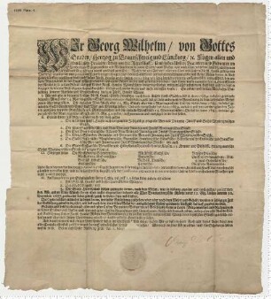 Münzedikt Herzog Georg Wilhelms zu Braunschweig-Lüneburg. Eigenhändige Unterschrift