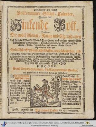 Verbesserter und neuer vollkommener Staats-Calender, genannt der hinckende Bott: ... Auf das Gnadenreiche Christ-Jahr 1790