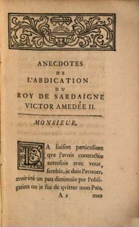 Anecdotes de l'abdication du roy de Sardaigne Victor Amédée II : où l'on trouve le vrais motifs ...