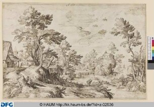 Von einem Fluß durchströmte Landschaft mit Häusern und gewundener Überbrückung
