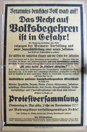 Maueranschlag mit dem Aufruf zu einer Protestversammlung gegen die Beschneidung des Rechts auf Volksbegehren