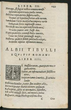Albii Tibulli Equitis Romani Liber IIII.