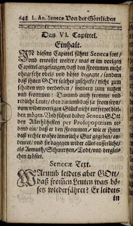 Das VI. Capittel; Einhalt, Senecæ Text.