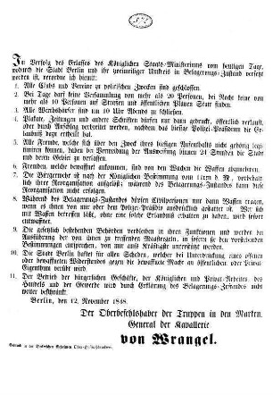 Im Verfolg des Erlasses des Königlichen Staats=Ministeriums vom heutigen Tage, [...]