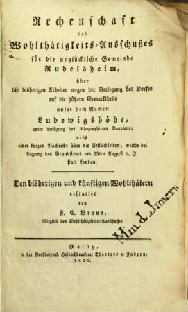 Rechenschaft des Wohlthätigkeits-Ausschusses für die unglückliche Gemeinde Rudelsheim ...