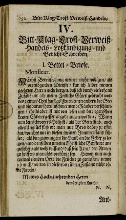 IV. Bitt- Klag- Trost- Verweiß- Handels- Loßkündigung- und Bericht-Schreiben.