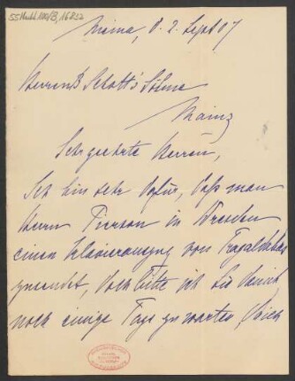 Brief an B. Schott's Söhne : 02.09.1907
