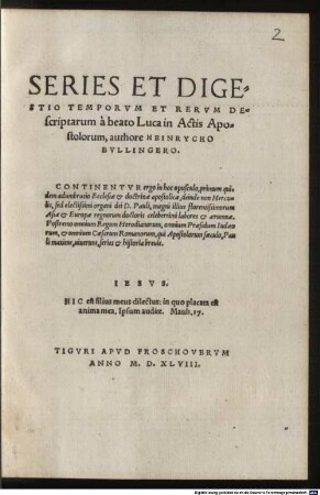 Series et Digestio Temporvm Et Rervm Descriptarum a beato Luca in Actis Apostolorum
