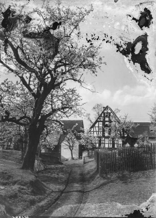 Gehöft. Ansicht mit Zufahrt und Gartenzaun