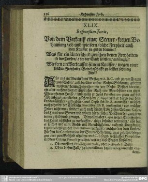 XLIX. [Responsum Juris, Von Verkauff einer Steuer-freyen Behausung]