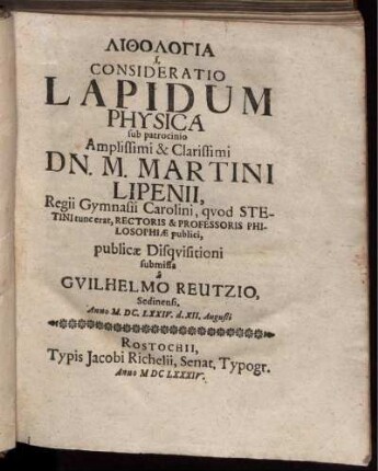 Lithologia s. Consideratio Lapidum Physica