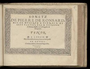 Philippe de Monte: Sonetz de Pierre de Ronsard... Tenor