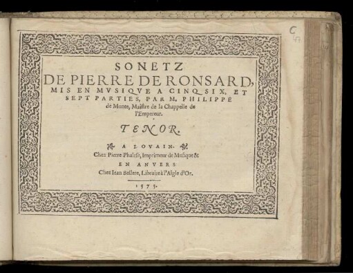 Philippe de Monte: Sonetz de Pierre de Ronsard... Tenor