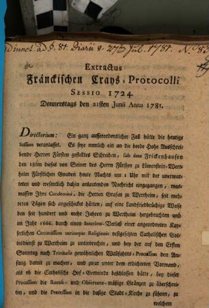 Extractus Fränckischen Crays-Protocolli : Sessio 1724. Donnerstags den 21sten Junii 1781.
