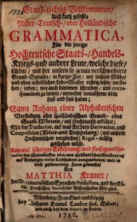 Grund-richtig-vollkommene, doch kurzgefaßte Nider-Teutsch- oder Holländische Grammatica ... : Samt Anh. e. alphab. Vorstellung alller holländ. Grund- od. Stammwörtern auf Hochdt. erkläret