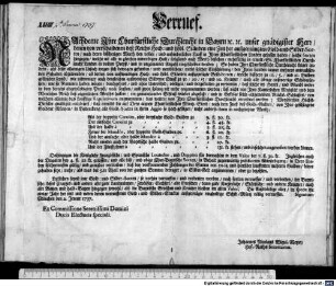 Verruef. : Signatum München den 2. Jenner 1737. Ex Commissione Serenissimi Domini Ducis Electoris speciali. Johannes Nicolaus Wigul. Meyer, Hof-Raths Secretarius.