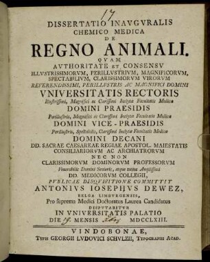 Dissertatio Inauguralis Chemico Medica De Regno Animali