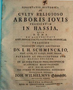 Dissertatio historica de cultu religioso arboris Iovis, praesertim in Hassia