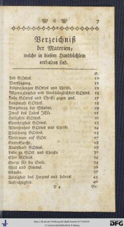 Verzeichniß der Materien, welche in diesem Handbüchlein enthalten sind.