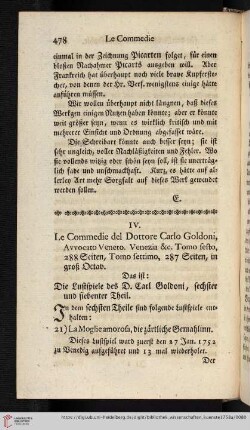 4: [Rezension von: Le Commedie del Dottore Carlo Goldoni, Avvocato Veneto, Tomo sesto, Tomo settimo]
