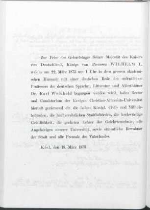 [Kiel, Programm zur Feier des Geburtstages des Kaisers am 22.3.1873]