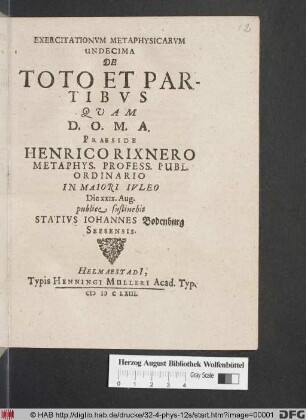 Exercitationum Metaphysicarum Undecima De Toto Et Partibus