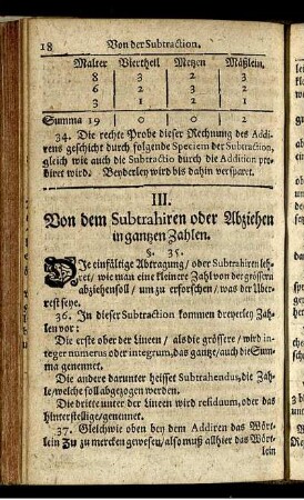 III. Von dem Subtrahiren oder Abziehen in ganzen Zahlen.
