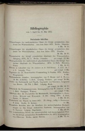 Bibliographie vom 1. April bis 31. Mai 1876.