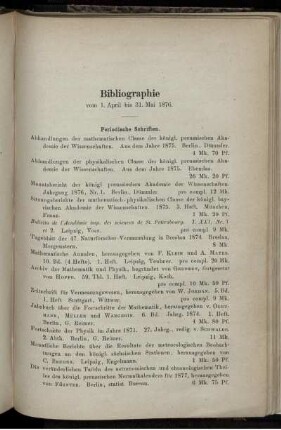 Bibliographie vom 1. April bis 31. Mai 1876.