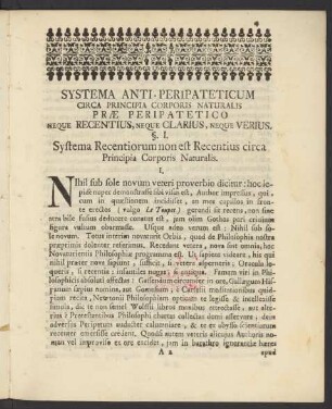 §. I. Systema Recentiorum non est Recentius circa Principia Corporis Naturalis