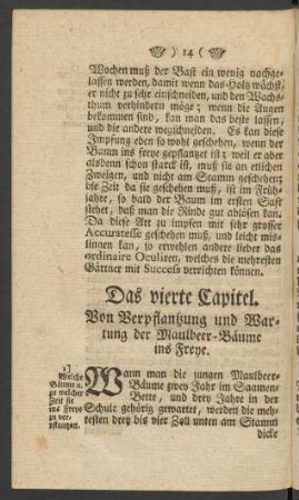Das vierte Capitel. Von Verpflantzung und Wartung der Maulbeer-Bäume ins Freye