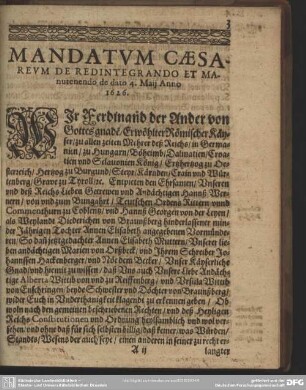 Mandatum Caesareum De Redintegrando Et Manutenendo de dato 4. Maii Anno 1626