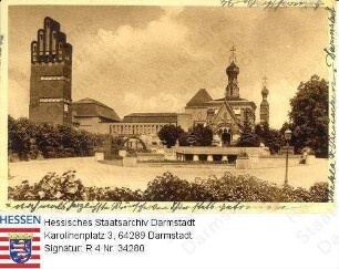 Darmstadt, Mathildenhöhe mit Hochzeitsturm, Ausstellungsgebäude und russischer Kapelle