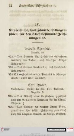 IV. Kupferstiche, Holzschnitte, Lithographien, für den Stich bestimmte Zeichnungen &c.