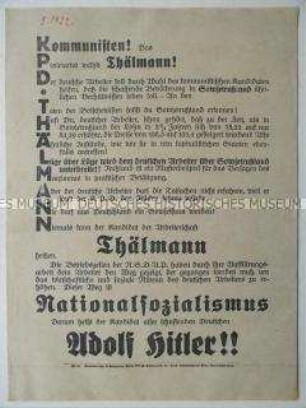 Wahlaufruf der NSDAP zur Reichspräsidentenwahl 1932 mit Blickrichtung auf die kommunistischen Wähler