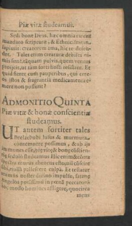 Admonitio Quinta. Piae vitae & bonae conscientiae studeamus.