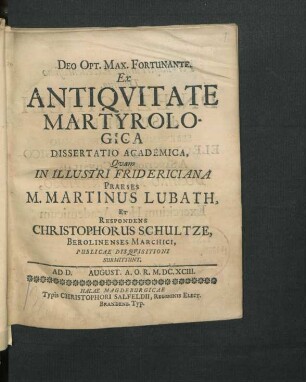 Ex Antiquitate Martyrologica Dissertatio Academica