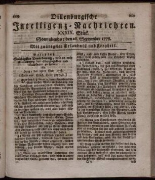 XXXIX. Stück. Sonnabends: den 26. September 1778.