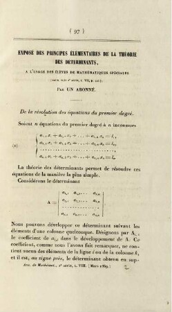 Exposé des principes élémentaires de la théorie des déterminants.
