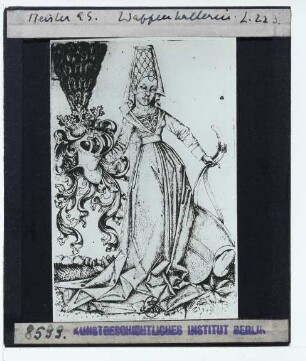 Meister E. S., Dame mit Helm und Bindenschild Österreichs (L. 223) (Stich) : Kupferstich