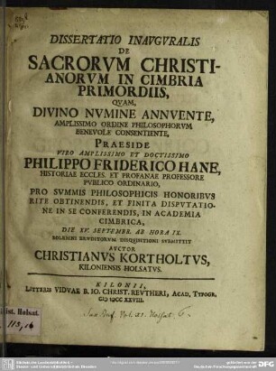 Dissertatio Inauguralis De Sacrorum Christianorum In Cimbria Primordiis