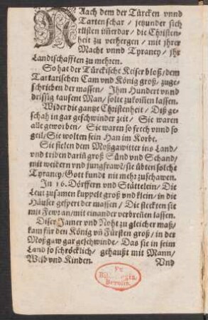 NAach[!] dem der Türcken vnnd || Tartenschar/ jetzunder sich || rüsten imerdar/